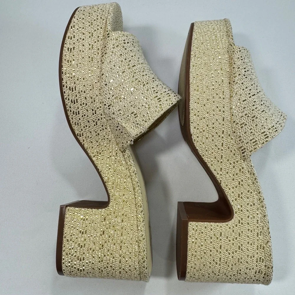 New Jessica Simpson Elenoa Gold Metallic Woven Platform Slide Sandals Heels 8.5M